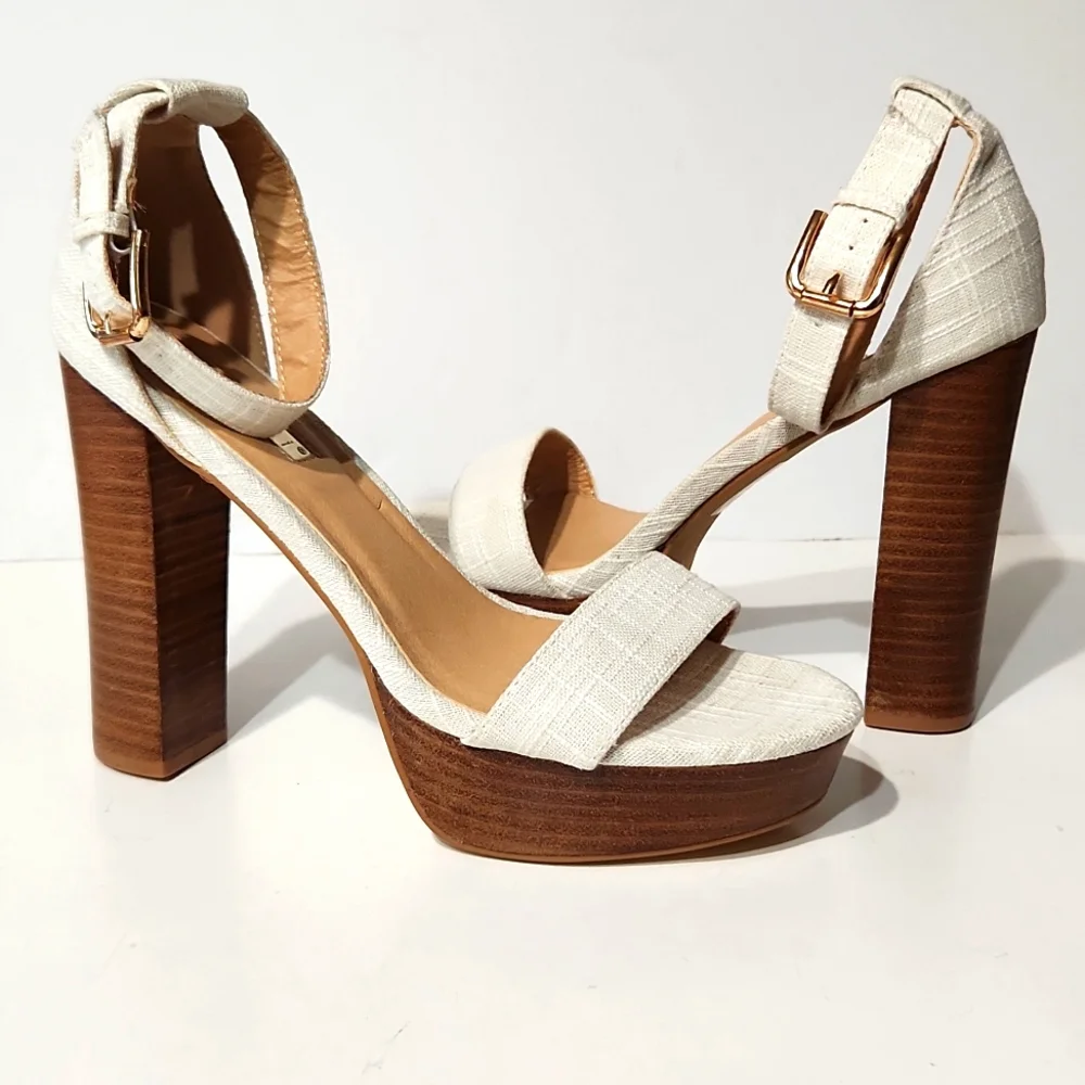 NEW Billini Tahiti White Linen Wood Platform Heels Size 10